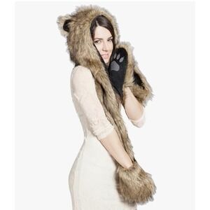 SpiritHoods Brown Faux Fur Animal Hood Scarf Mittens Wolf Bear LA 2011-12